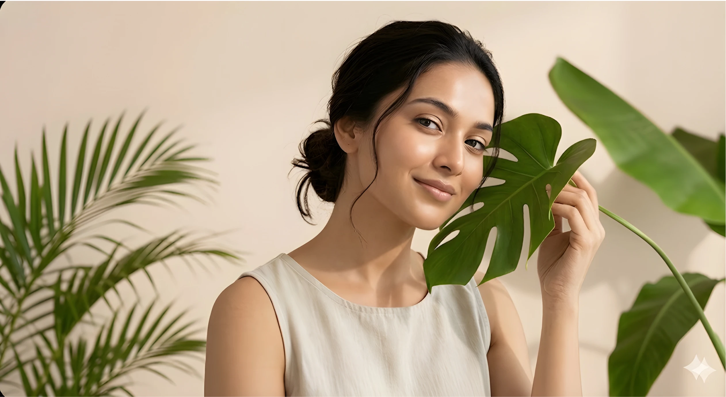 Smiling woman with healthy skin holding a large green Monstera leaf